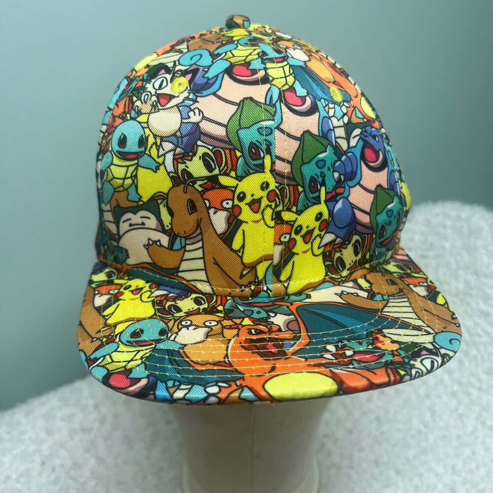 Pokemon All-Over Print Snapback Hat with Pikachu, Charmander, Squirtle, and Bulb